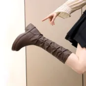 免運實拍💯 騎士靴 長筒靴女 瘦瘦靴 高筒長靴 秋冬新款真皮不過膝堆堆靴長靴女瘦瘦靴休閒顯瘦平底彈力高筒靴子