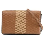 【Michael Kors】JET SET 經典印花撞色條紋拼接翻蓋方包斜背包(咖)