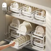 廚房瀝水碗櫃 碗筷收納 碗盤置物架 碗碟收納架廚房櫥櫃拉籃抽屜抽拉式碗架碗盤盤子耐用瀝水置物架【宜家良品百貨】