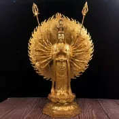 協貿國際日用品生活館 純銅鎏金千手觀音佛像擺件千手千眼觀世音菩薩像家用客廳神像大號