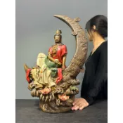 【阿一藝品】早期廣東 石灣陶【水月觀音】自在觀音 名師手製 有落款 值得收藏 居家裝飾 石灣陶擺件 U73