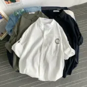 亞麻襯衫男短袖襯衣寬松男裝中國風夏季棉麻男士純色簡約上衣【不二雜貨】