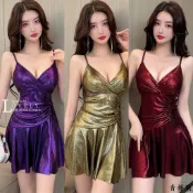 正韓洋裝夜店性感低胸V領露背吊帶連身裙夜場收腰顯瘦大擺荷葉邊裙性感洋裝 氣質洋裝 夜店洋裝 辣妹洋裝 收腰洋裝 顯瘦洋裝