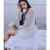 約會首選💘法式溫柔連身裙 雪紡洋裝 夏季白色洋裝女 收腰顯瘦長款裙子 氣質減齡連衣裙甜美超仙抹胸飄逸大擺仙女長裙沙灘裙