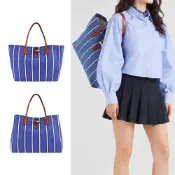 LONGCHAMP ROSEAU ESSENTIAL RAYÉ系列竹節帆布條紋托特包(大/鈷藍)