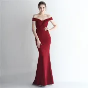 ParrotFashion緞布新款修身一字肩長款名媛晚宴顯瘦魚尾裙結婚車模展禮服