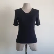 復古 100% 蠶絲 黑色針織毛衣 串珠刺繡 短袖 上衣 XXS