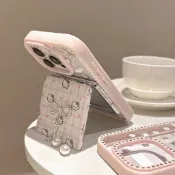 HelloKitty 閃鑽邊框 摺疊鏡子 蘋果16promax手機殼iPhone15plus卡通支架創意14防摔手機殼