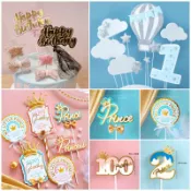 甜妞節慶♥台灣現貨♥【燙金數字生日蛋糕插旗】周歲 男寶寶一歲 小王子 熱氣球蛋糕插牌 寶寶慶生 蛋糕裝飾 裝飾佈置