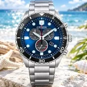 【CITIZEN 星辰】黑面 三眼計時 光動能 手錶 禮物 雙11 AT2560-84L