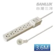 【百利市購物中心】SANLUX台灣三洋 3孔6座單切12尺平貼式安全延長線3.6M SYPW-361C