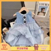 萌童館🧨女童連衣裙夏裝2025新款兒童洋氣公主裙子女寶寶背心牛仔紗裙夏季 女童無袖洋裝 網紗洋裝