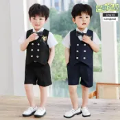 芒果名品 【週歲生日禮服】男童西裝 兒童西裝 花童西裝 小西服 鋼琴演出服 婚禮禮服 春夏薄款 三件套 可調節背帶 1-8歲適用