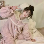 思樂小舖 法蘭絨睡衣套裝 可愛保暖睡衣 冬天睡衣 加絨加厚 毛絨睡衣 韓國ins睡衣 毛毛居家服 娃娃領公主睡衣 居家服