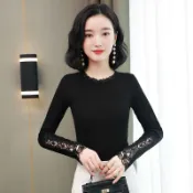 女士長袖上衣 加厚長袖打底衫 女內搭上衣 修身T百搭打底長袖 蕾絲圓領保暖上衣 女生內搭衣【不二雜貨】
