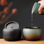 粗陶建水孔雀綠帶蓋茶渣缸茶水盂家用茶洗功夫茶具配件陶瓷茶水缸