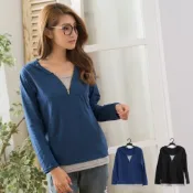 (店+)【衣心衣意】現貨MIT-接色假二件式V領拉鍊長版帽T(黑色-藍色A3618)