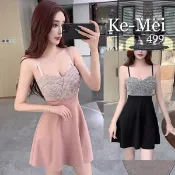 克妹Ke-Mei【ZT23665】SUGAR性感辣妹假二件併拉針織美胸傘擺洋裝