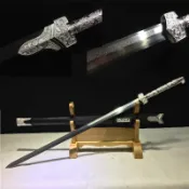 [龍泉劍莊]刀劍復古擺設百煉花紋鋼鍛打八面研磨烏木鞘長款漢劍未開刃