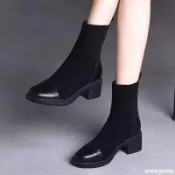 💢限時特惠💢高幫彈力襪子鞋 真皮短靴 女靴 新款彈力襪靴子 加絨粗跟瘦瘦靴