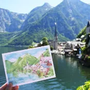 Rami歐洲旅行水彩手繪風明信片-奧地利哈修塔特明信片風景小鎮