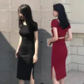 ❤女裝韓版性感露背洋裝 氣質修身包臀裙 開叉設計洋裝 收腰顯瘦連身裙 中長款連23