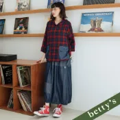 betty’s貝蒂思(35)腰鬆緊點點拼接下擺抽皺牛仔花苞裙(牛仔藍)
