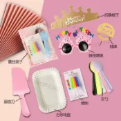 🚚【臺灣出貨】【已評1182】四合一一次性生日蛋糕盤刀叉蠟燭可食用塑料餐具套裝