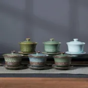 全球選品1館 生活百貨 空山新雨 龍泉青瓷哥窯冰裂功夫茶具三才蓋碗 陶瓷手抓敬茶泡茶碗
