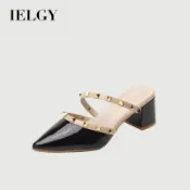 IELGY 優雅奢華夏季白色新款鉚釘高跟鞋半拖鞋女