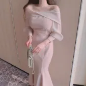 🔥現貨秒發.有尺碼 露肩連身裙 魚尾裙 婚禮穿搭 性感 鎖骨 顯瘦 氣質 歐膩 謝師宴 派對 聚餐 仙氣 尾牙春酒