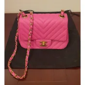 Chanel mini flap桃紅色小羊皮金釦斜紋 經典方形翻蓋包coco金鏈帶穿皮肩背帶 方胖 全新品