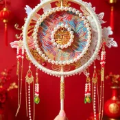 ❥平價好物❥心有靈犀 新娘婚扇  中式團扇 重工禮盒鑲嵌紅色2