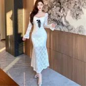 〈性感小姐姐〉甜美小清新御姐範絕美一字領洋裝女2026秋冬漂亮獨特收腰魚尾裙