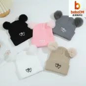 波波折扣社 【雙絨球刺繡】嬰兒針織帽 寶寶帽子 嬰兒帽子 毛線帽 保暖帽 親膚柔軟 雙愛心刺繡 舒適保暖 新生兒滿月禮 秋冬禦寒