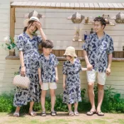 海灘渡假風深藍V領樹葉圖紋連身裙洋裝花襯衫親子裝情侶裝