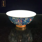 協貿國際日用品生活8館 景德鎮瓷碗仿古金邊藍底纏枝蓮骨瓷碗家用高腳米飯碗裝飾擺件