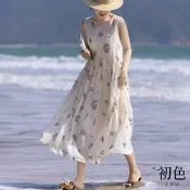 初色 圓領碎花印花寬鬆遮肉顯瘦棉麻風無袖連身裙洋裝-白色-34791(M-2XL可選)