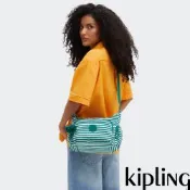 『牛角包』Kipling 白綠條紋輕巧多袋實用側背包-GABB S