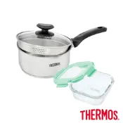 【THERMOS 膳魔師】不鏽鋼附蓋單柄湯鍋瀝水鍋雪平鍋18cm(SPC-S18)+保鮮盒(Z-GFC520S-MNT)