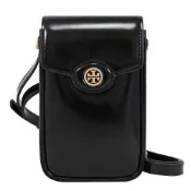 TORY BURCH Robinson 金屬LOGO亮面漆皮翻蓋式斜背小包/手機包(黑)