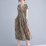 【波西米亞度假風】復古印花洋裝 女寬鬆氣質V領大尺碼顯瘦長裙 波希米亞洋裝 度假長裙 洋裝長裙