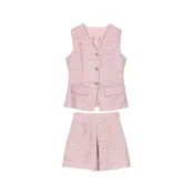 (店+)【九遇】小香風套裝 新款女裝花紗粉V領小香風馬甲背心上衣+工字褶短褲裙套裝