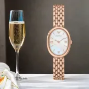 EMPORIO ARMANI 亞曼尼 橢圓珍珠貝雙針女錶-玫瑰金/34mm 送禮 禮物 推薦(AR11775)