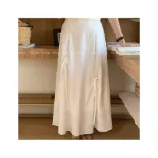 (店+)【FEE BABY】大裙襬後鬆緊肌理穿繩綁帶工裝長裙 大裙擺 a字裙 半身裙 長裙 裙子 韓系長裙 溫柔穿搭 傘裙 黑色 灰卡色 淺灰藍色 深灰色 白色