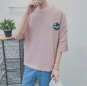 FINDSENSE服飾 FINDSENSE 時尚潮流 男 百搭 胸標 寬鬆 五分袖 短袖T恤 圓領上衣短T 特色短T