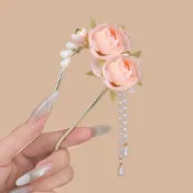 甜美 氛圍感 薔薇花 U型 珠珠流蘇 髮簪 搭旗袍 漢服 後腦勺 盤發 國風 簪子