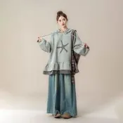 AKARA 文藝拼接假兩件派大星連帽長袖上衣毛衣(街拍實品拍/女裝秋冬新品/打底內搭/洋蔥式穿搭)