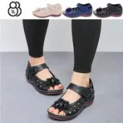 【88%】跟4cm MIT 台灣製 魚口楔型涼鞋 立體花朵 透氣簍空 魔鬼氈 細工縫線 休閒厚底涼拖鞋 3色