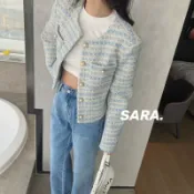 鑫弘數碼影像 溫柔浪漫風奶藍色珍珠扣小香風外套女春秋季新款圓領長袖編織西裝鑫弘-素時衣櫥